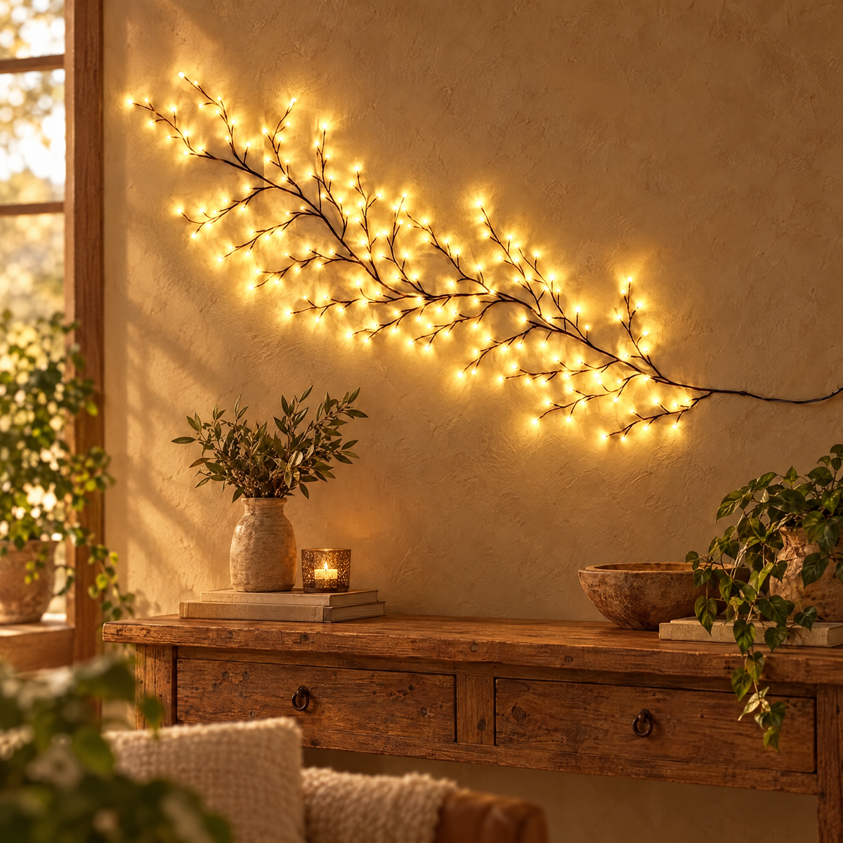 Willow vine light glowing on a warm plaster wall above a rustic console