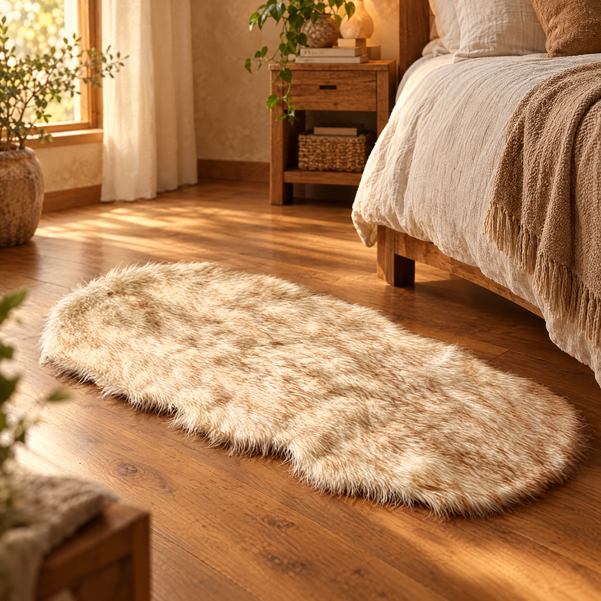 Fluffy faux sheepskin rug beside a linen bed on a wood floor