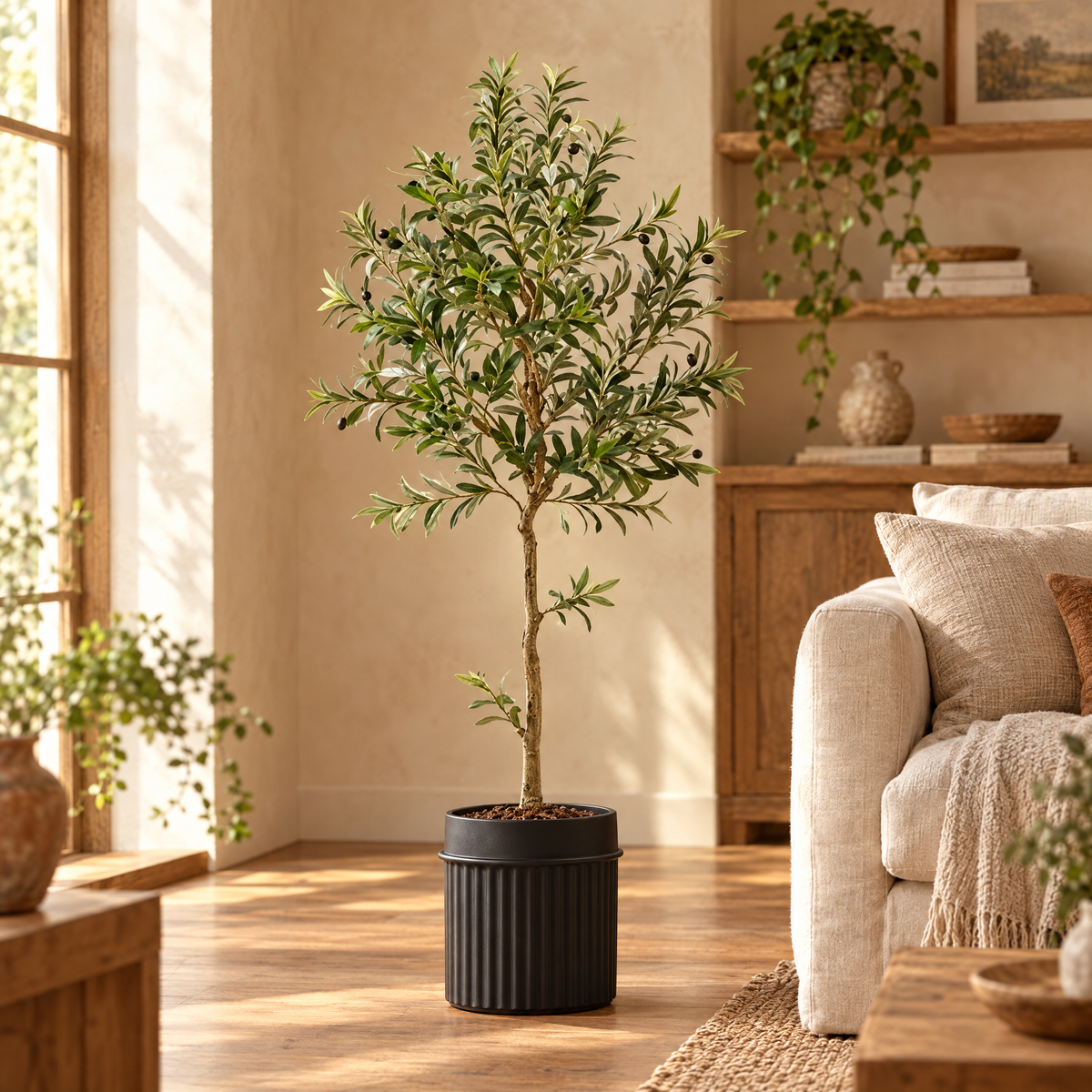 Faux olive tree in a black pot in a sunny living room corner