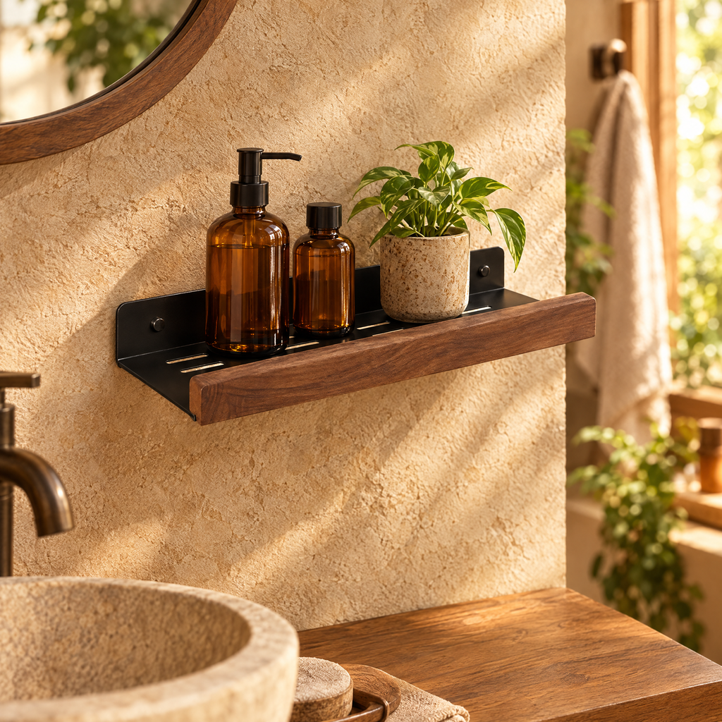 Walnut and black metal bathroom shelf on a warm plaster wall