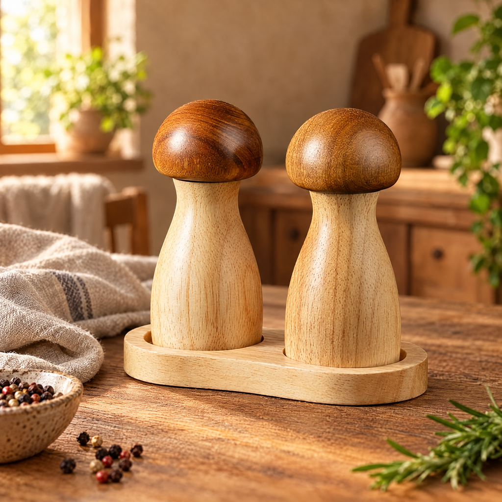 Mushroom wooden salt and pepper grinders on a wood base in a rustic kitchen