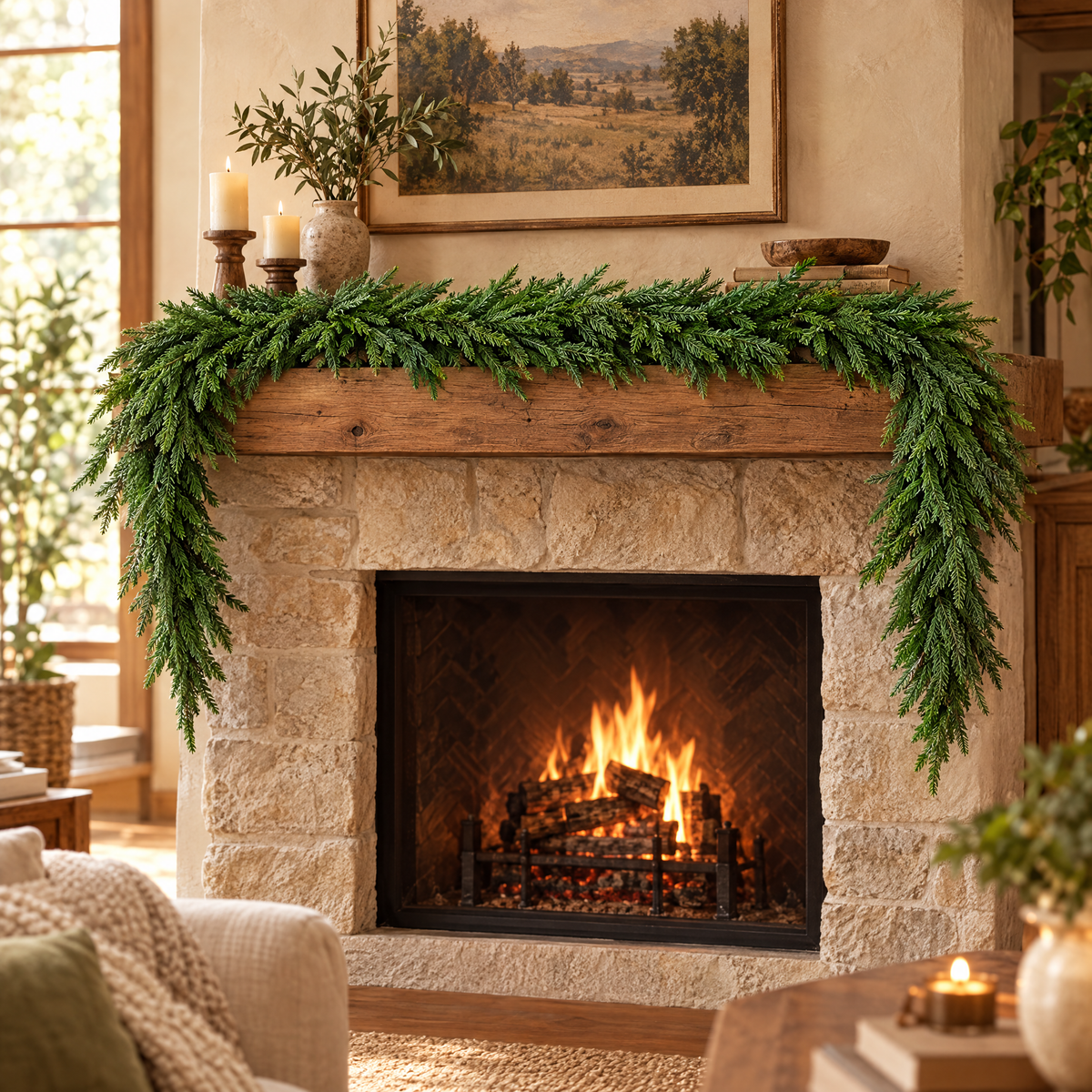 Norfolk Pine Garland draped across a rustic fireplace mantel