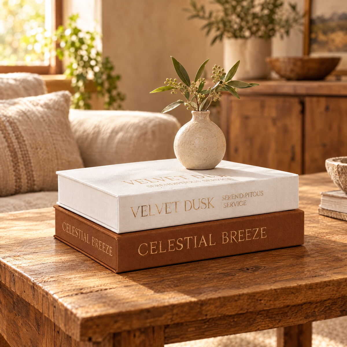 Two linen faux book boxes stacked on a wooden coffee table with a bud vase
