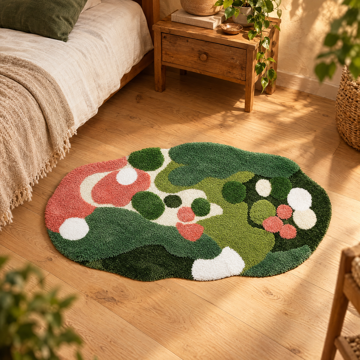 Moss Rug with mushroom meadow design on a wooden bedroom floor