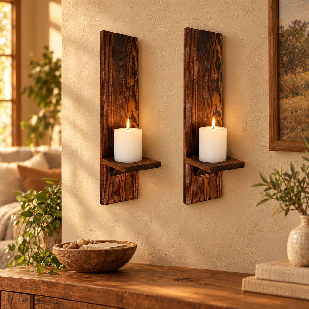 Pair of wooden wall candle sconces holding lit pillar candles