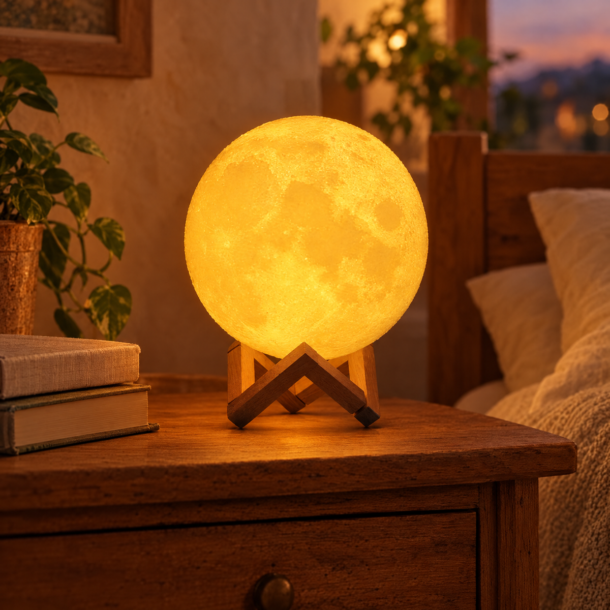 Glowing moon lamp on its wooden stand on a bedside table
