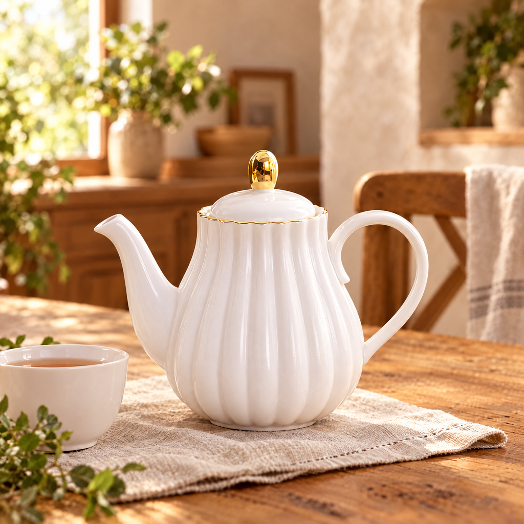 White fluted pumpkin teapot with gold knob on a linen napkin beside a teacup