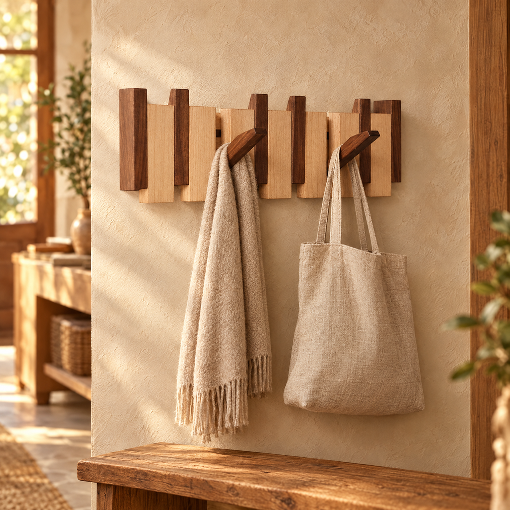 Piano key wooden coat rack on an entryway wall holding a scarf and tote