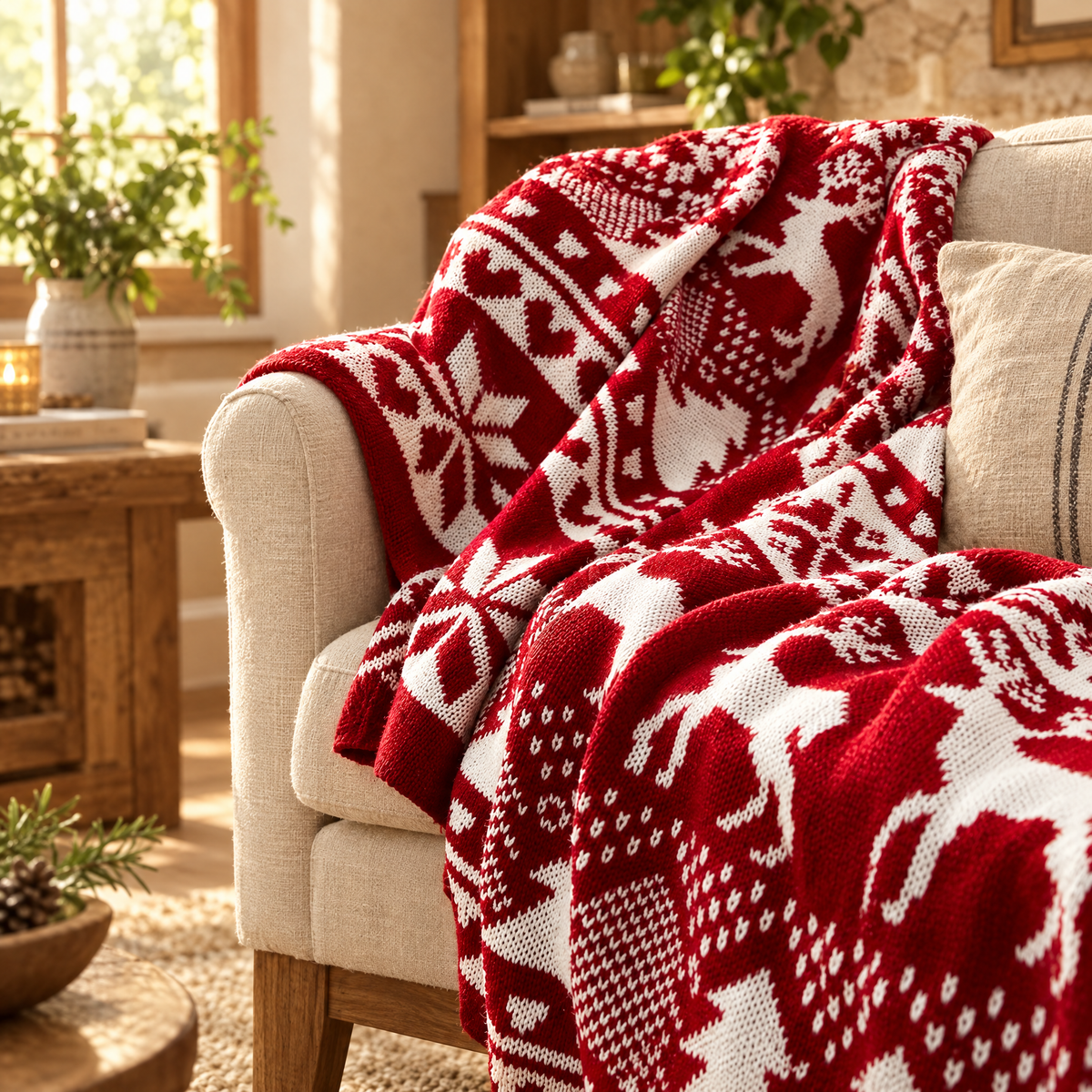 Red and white Nordic knit Christmas throw draped over a linen armchair