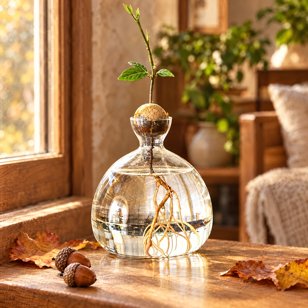 Glass acorn sprouting vase with roots and seedling on a sunny windowsill