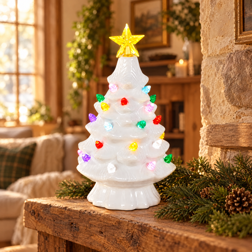 Vintage ceramic Christmas tree glowing on a rustic wooden mantel with pine