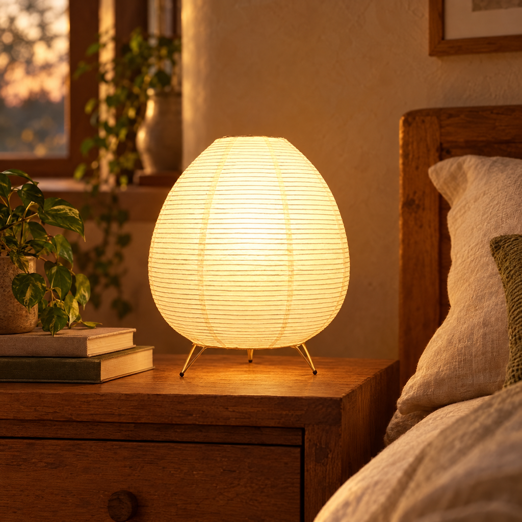 Glowing rice paper lantern lamp on a wooden nightstand