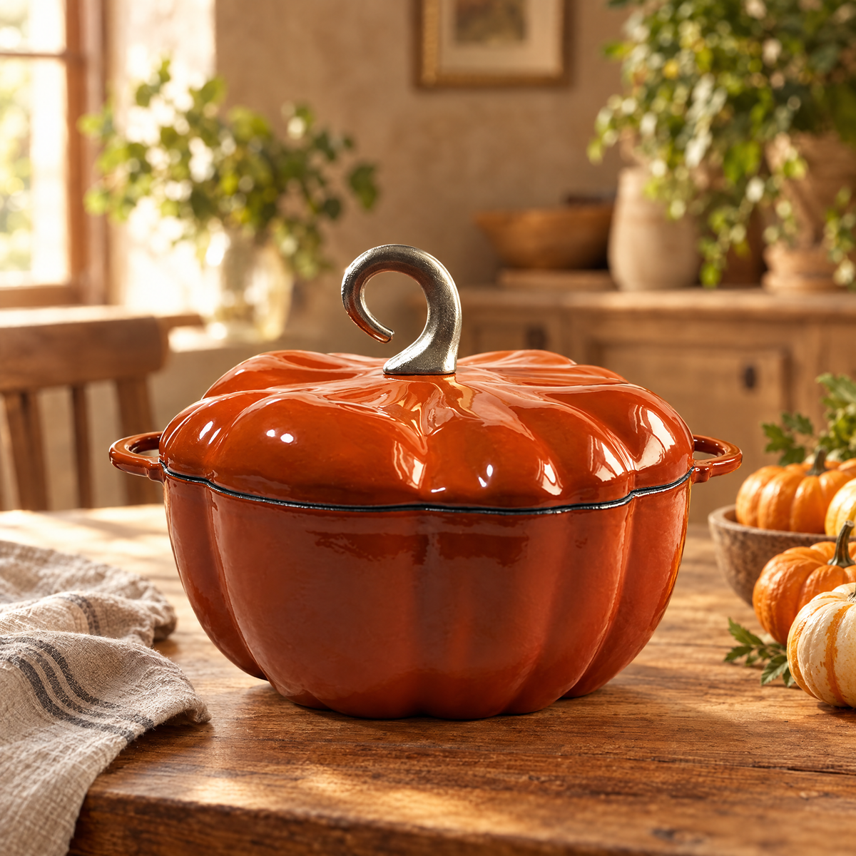 Orange pumpkin Dutch oven on a rustic wooden table with mini pumpkins