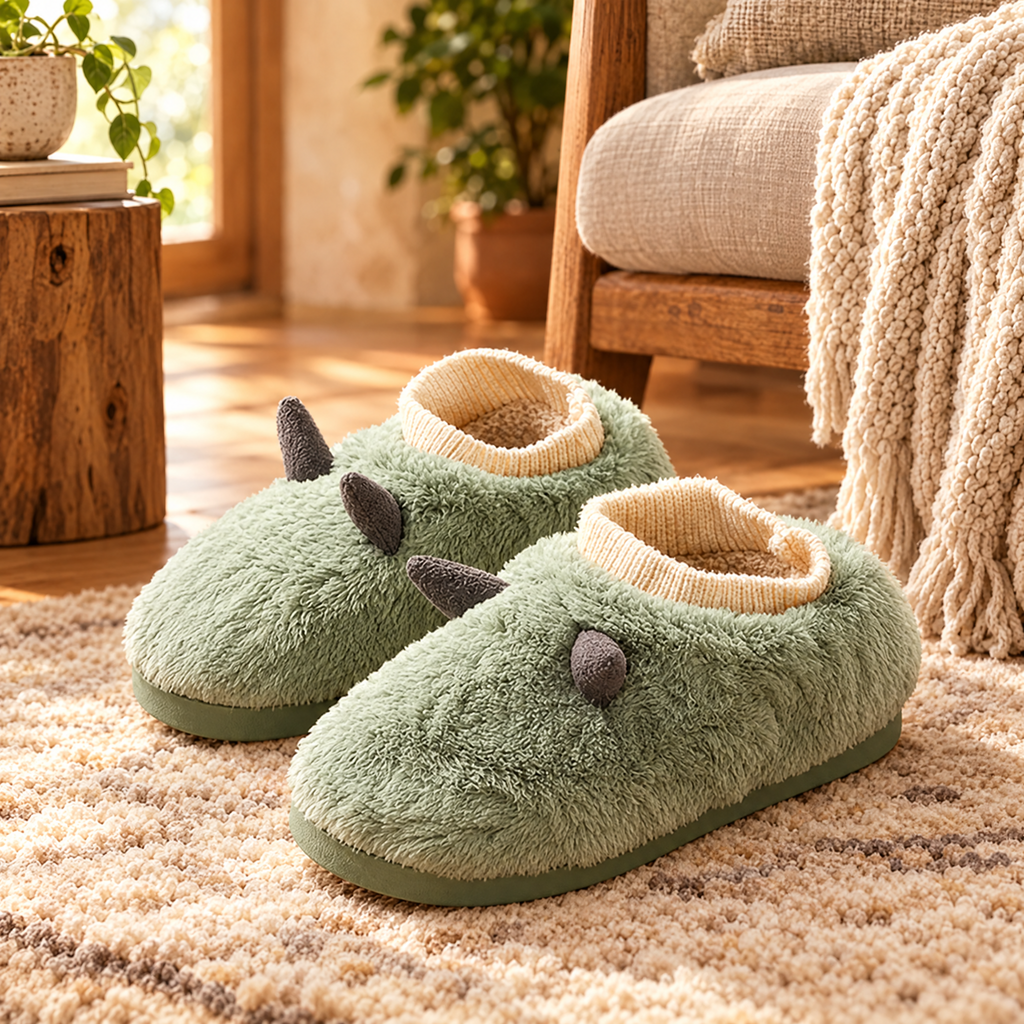 Green heated plush slippers on a wool rug beside a cozy armchair