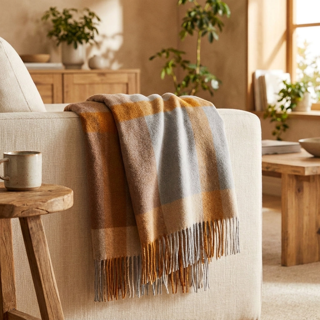 Warmwood cover - Lambswool Plaid Blanket, Fringed Wool Throw