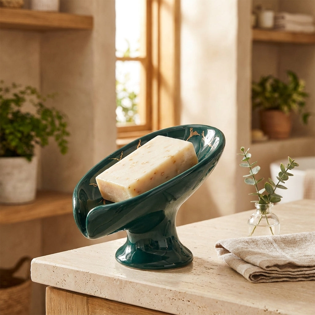 Green ceramic leaf soap dish with a bar of soap on a travertine counter