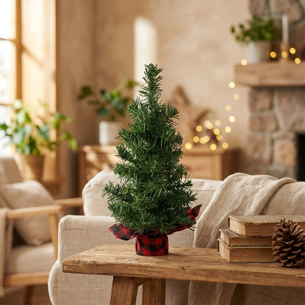 Warmwood cover - Mini Christmas Tree with Plaid Base, Tabletop Pine Tree