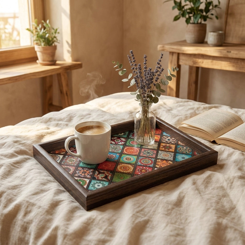 Bohemian mosaic wooden tray with coffee on a linen bed