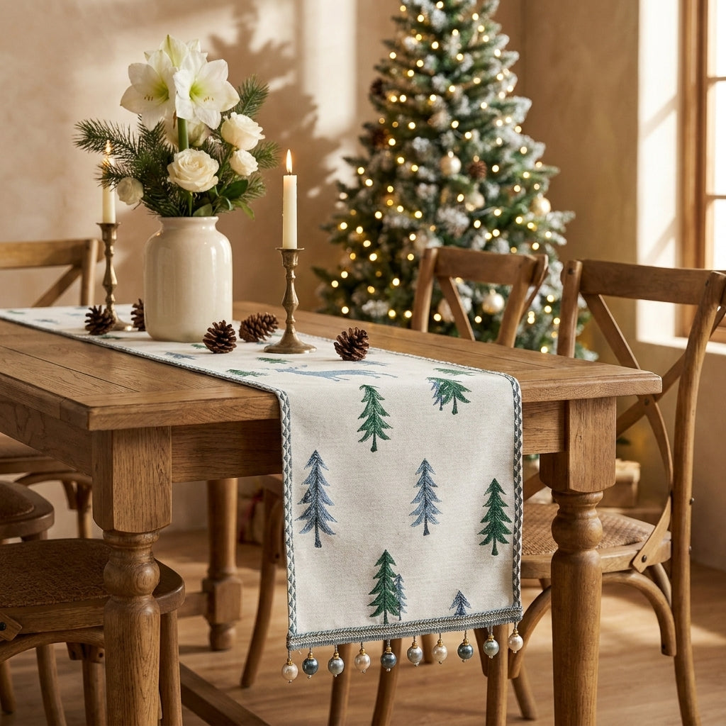 Warmwood cover - Embroidered Pine Tree Table Runner with Beaded Tassels
