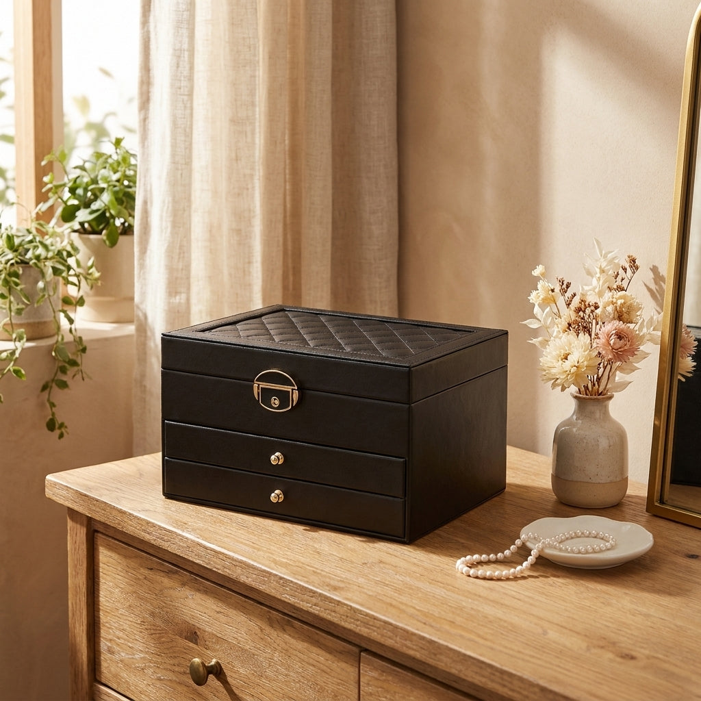 Black quilted jewelry box on an oak dresser