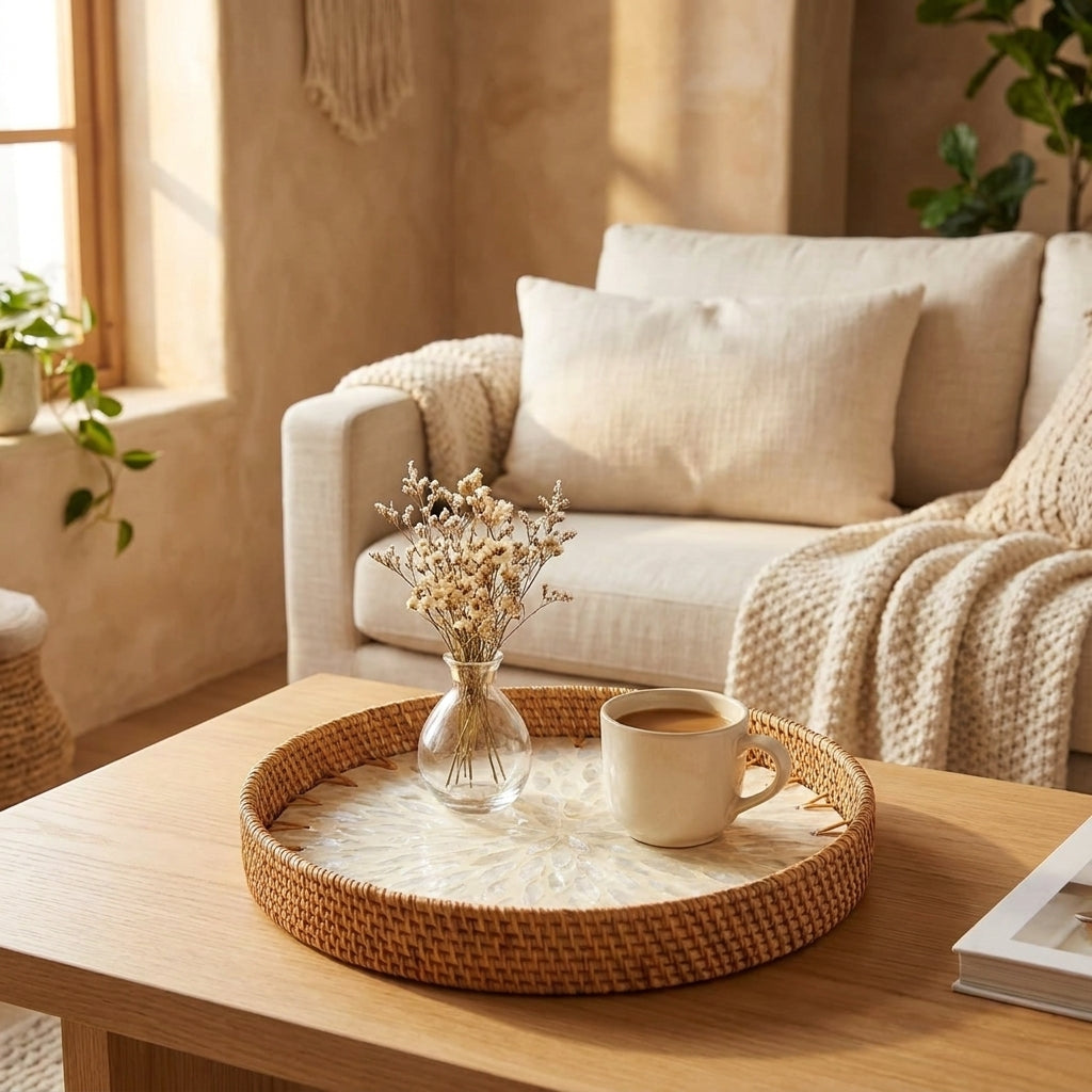 Warmwood cover - Rattan Pearl Tray, Round Woven Tray with Mother-of-Pearl