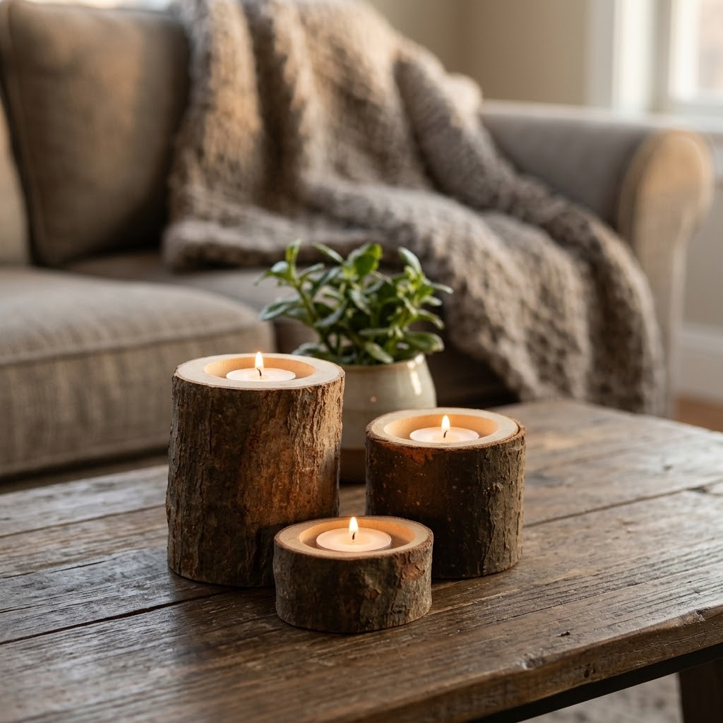 set of three rustic bark wood tealight candle holders with lit tealights on a wooden coffee table