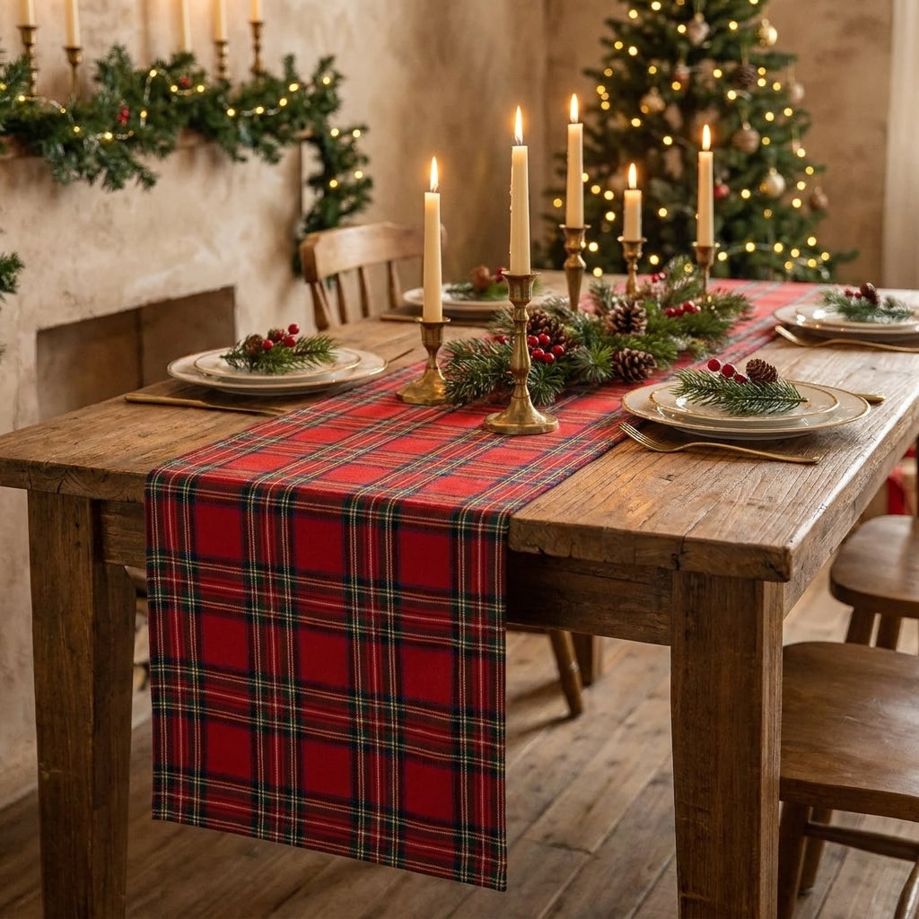 Red tartan table runner on a farmhouse table set for Christmas