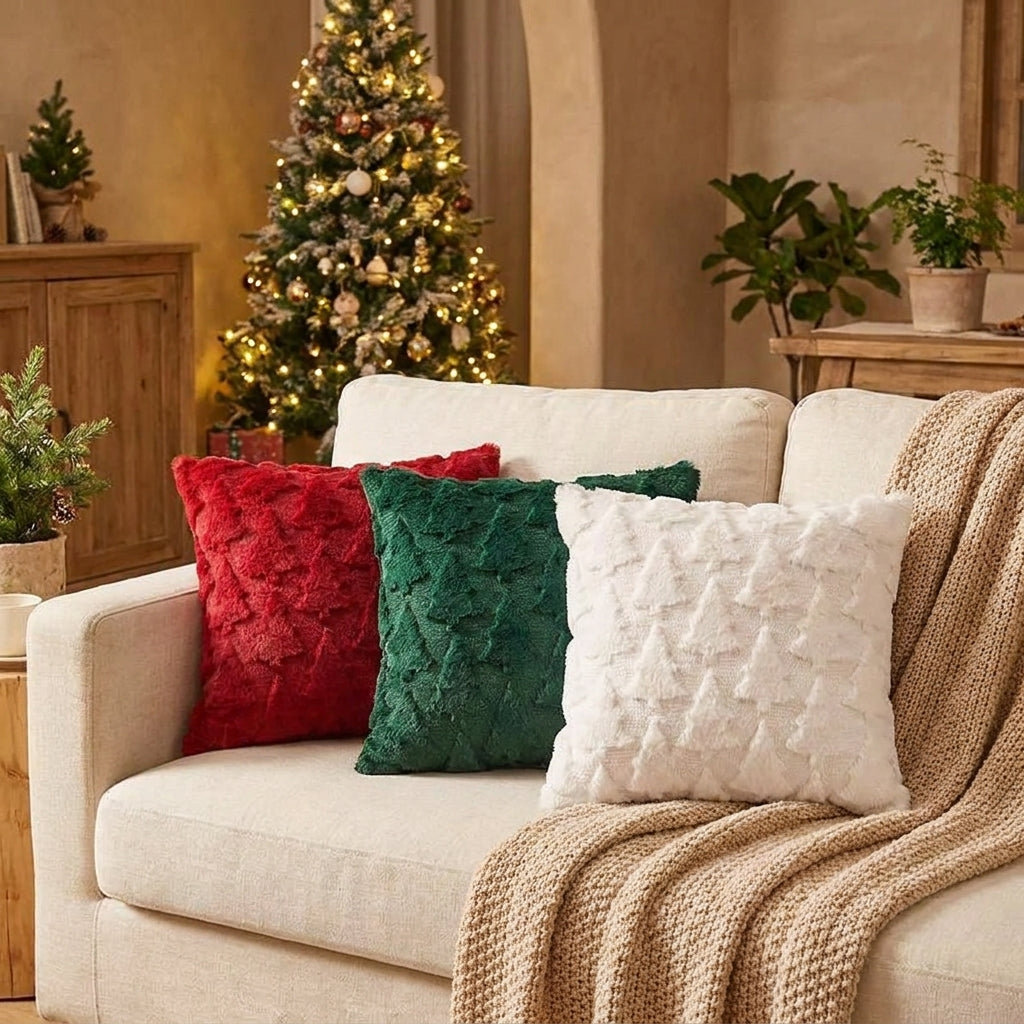Red, green and white plush Christmas tree pillows on a linen sofa
