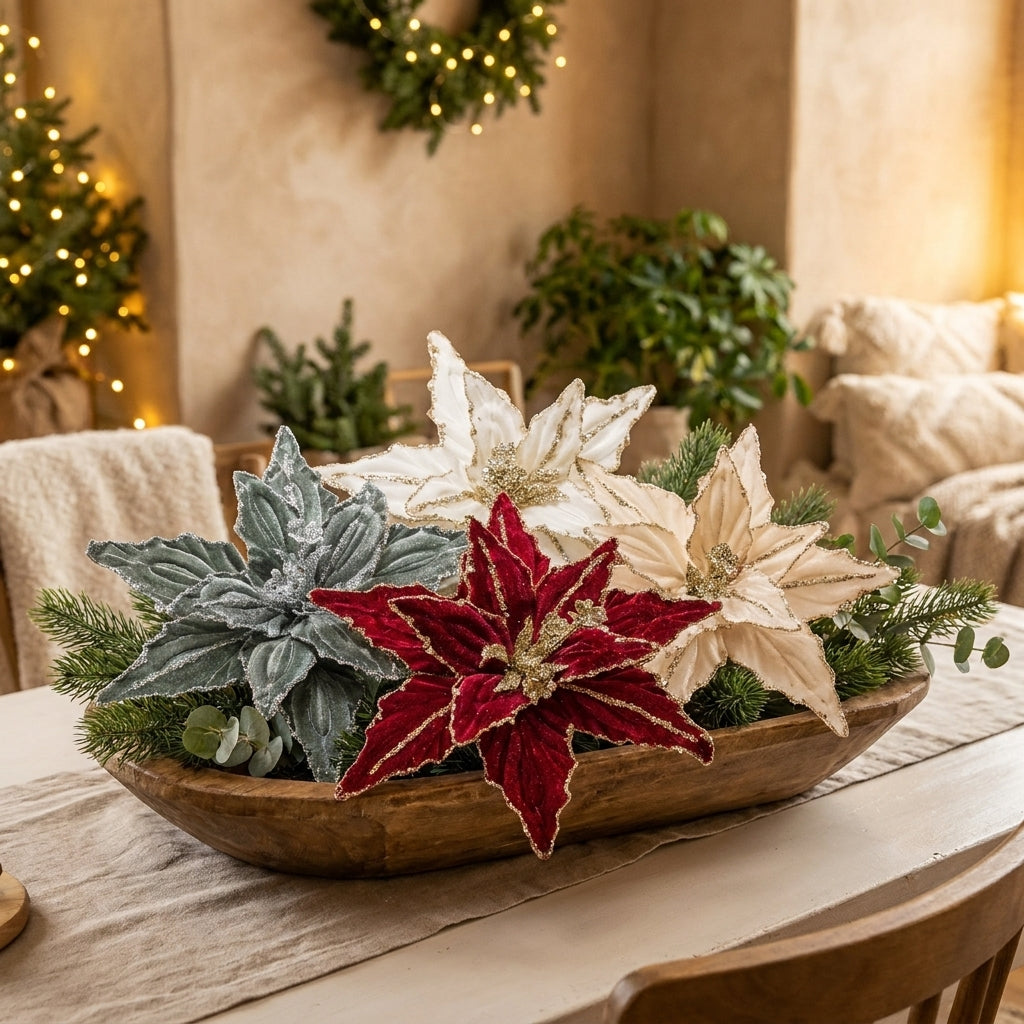 Velvet glitter poinsettias in a wooden dough bowl centerpiece