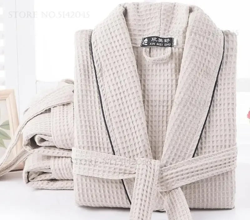 Beige waffle cotton bathrobe