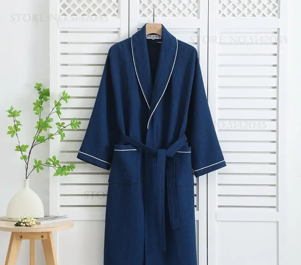 Navy waffle cotton bathrobe
