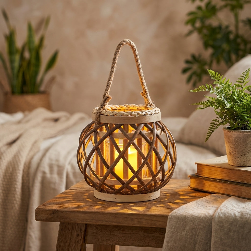 Warmwood cover - Woven Bamboo Lantern, LED Candle Lantern with Rope Handle
